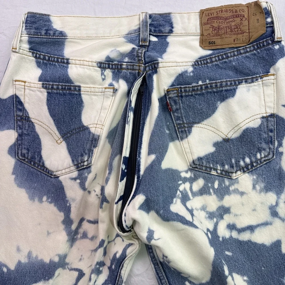 Vintage Levi 501 Jeans, Usa Made Custom Bleach Tie-Dye 3432 Rear Zip 100% Cotton